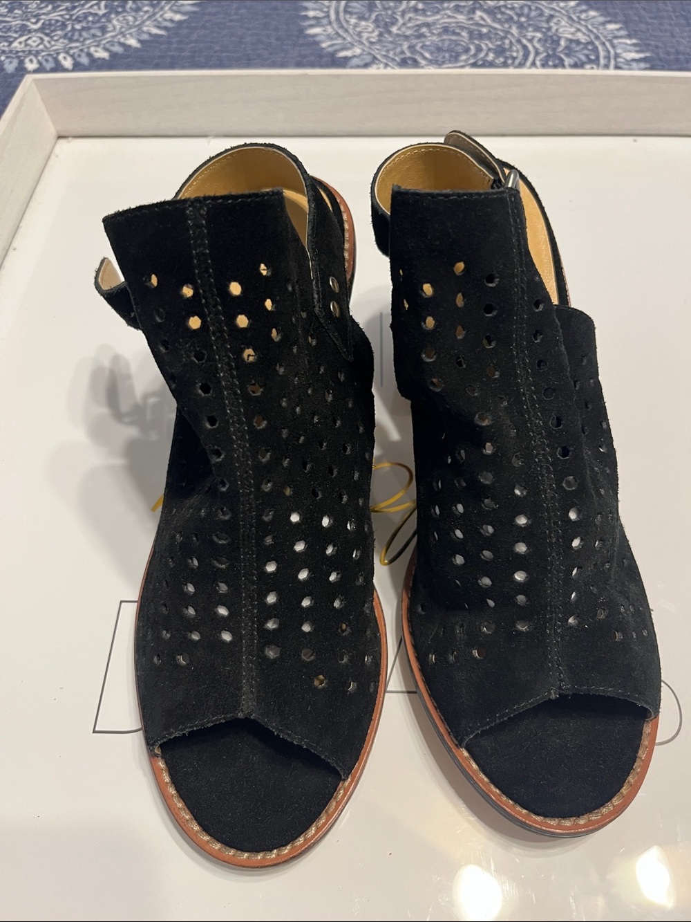 Chinese Laundry Black Suede Perforated Open-Toe Ankle Sandals